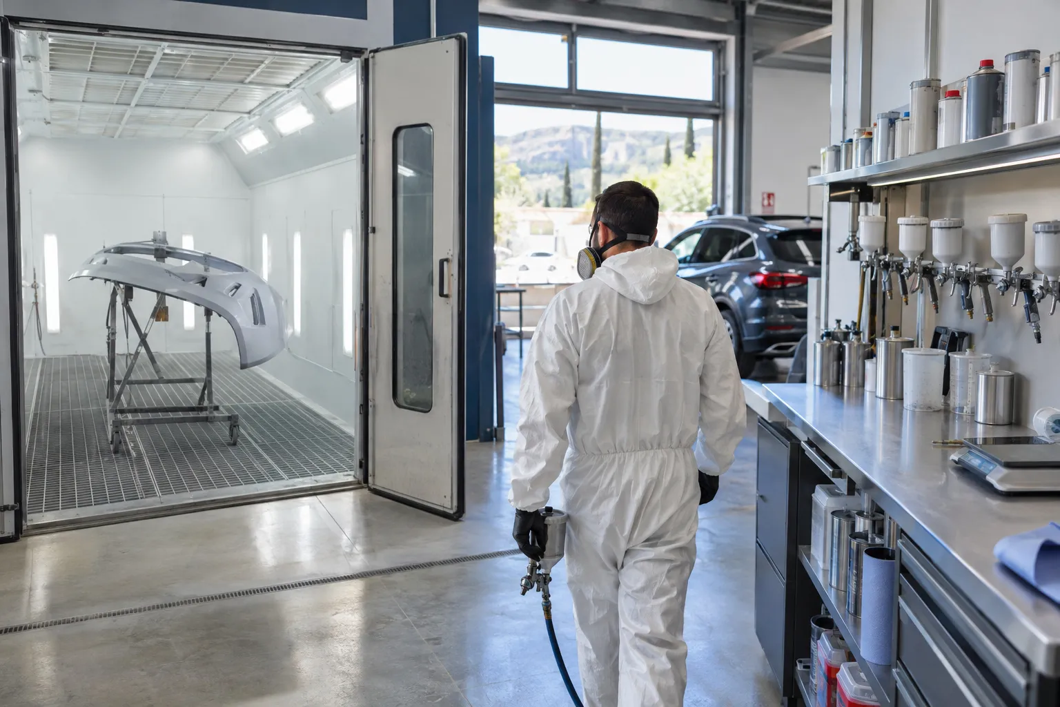 Une voiture dans la cabine de peinture de l'atelier