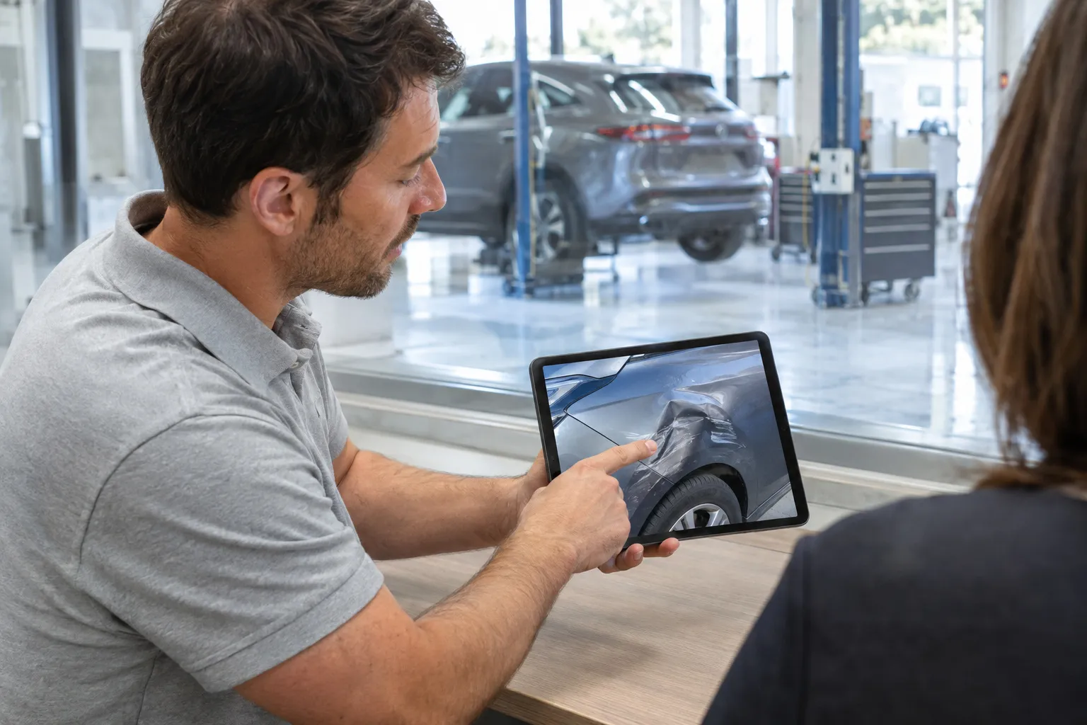 Un conseiller explique un devis à un client vu de dos, doigt sur la tablette, voiture en atelier visible derrière.