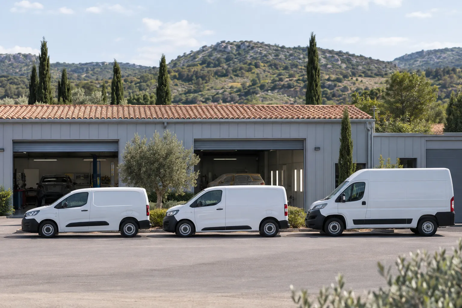 Parking d'une zone d'activité provençale : bâtiments bas aux murs gris clair, quelques véhicules garés en ligne, cyprès et oliviers et des collines de garrigue en fond.